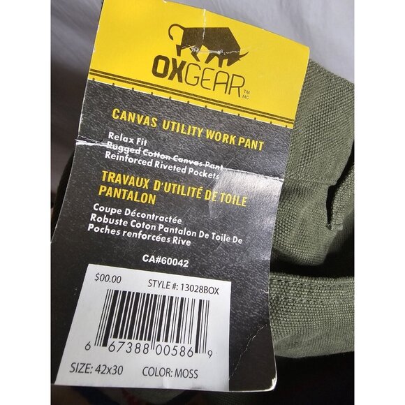 OXGEAR Men's Cotton Heavy Duty Canvas utility Work Pants Green- Size 42×30 - Picture 7 of 7